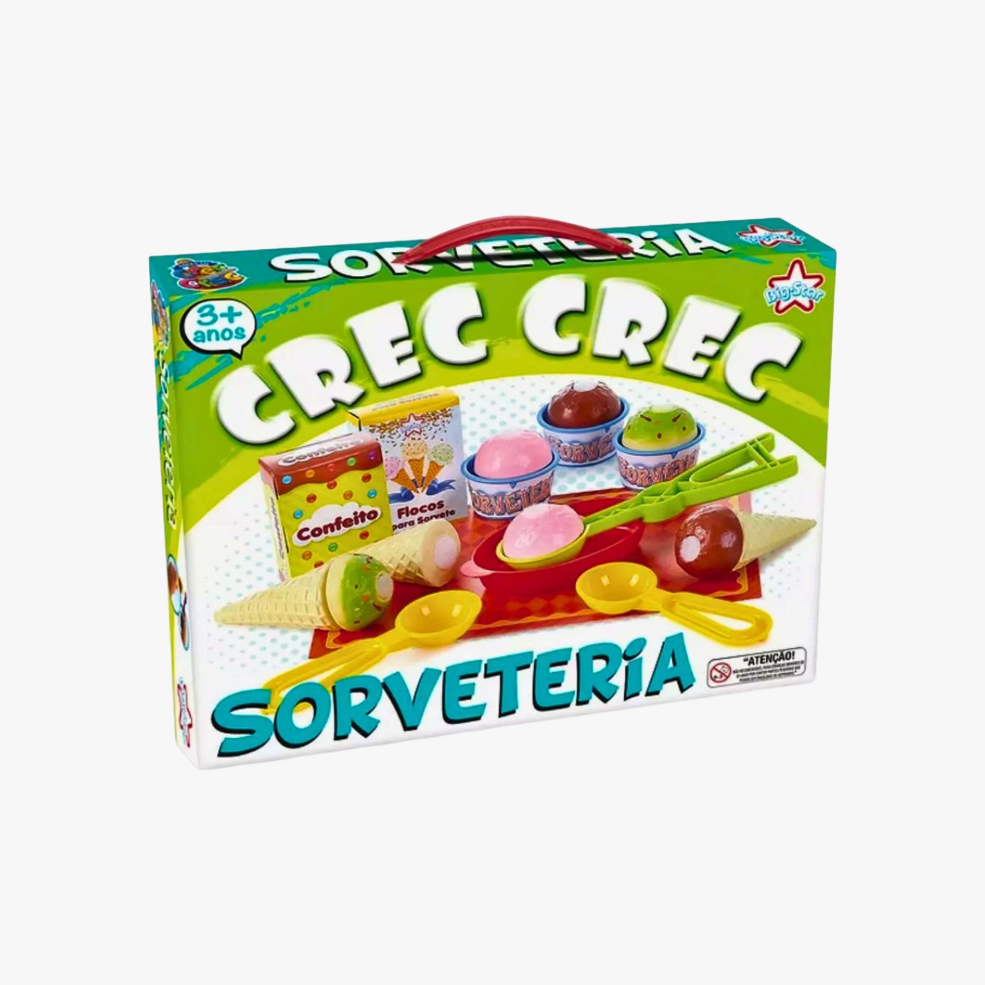 Kit sorveteria Crec Crec com bolinhas coloridas, casquinhas e pá para servir, sobre fundo branco