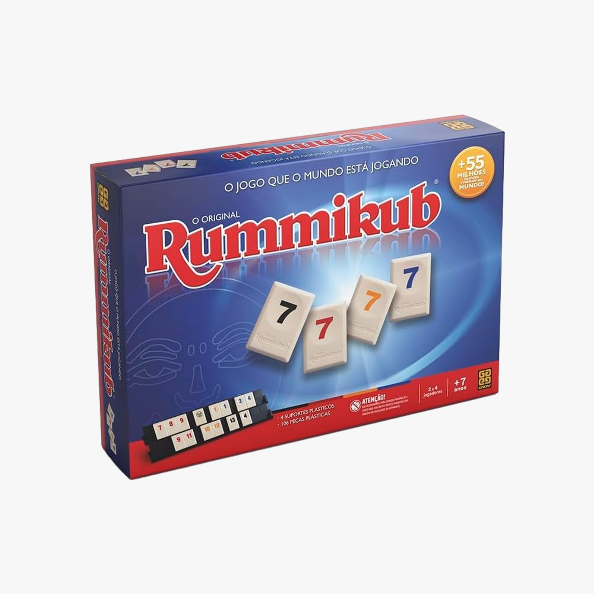 Caixa frontal do jogo Rummikub original da Grow com pedras coloridas numeradas