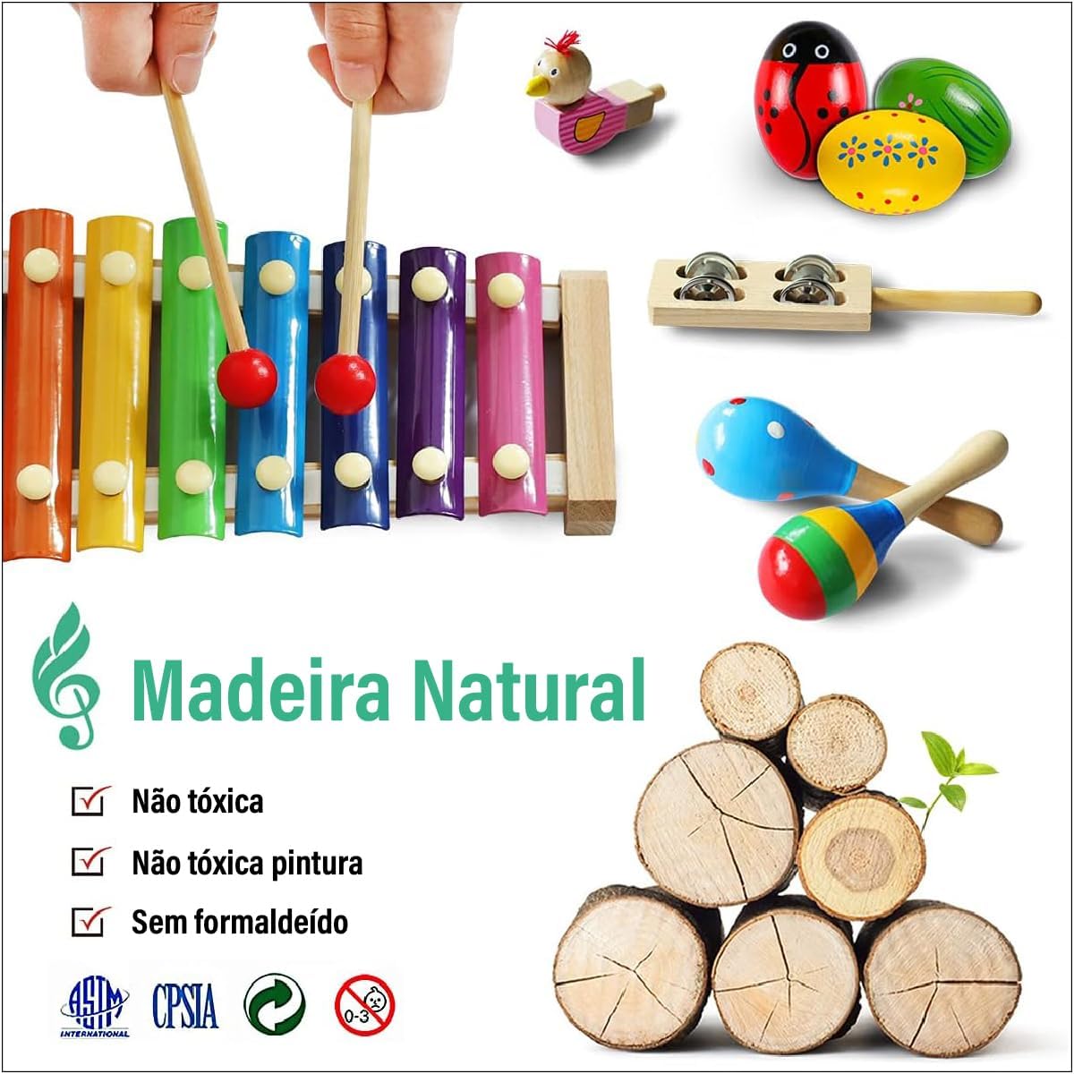 Brinquedo Montessori: Conjunto de Instrumentos de Percussão de Madeira