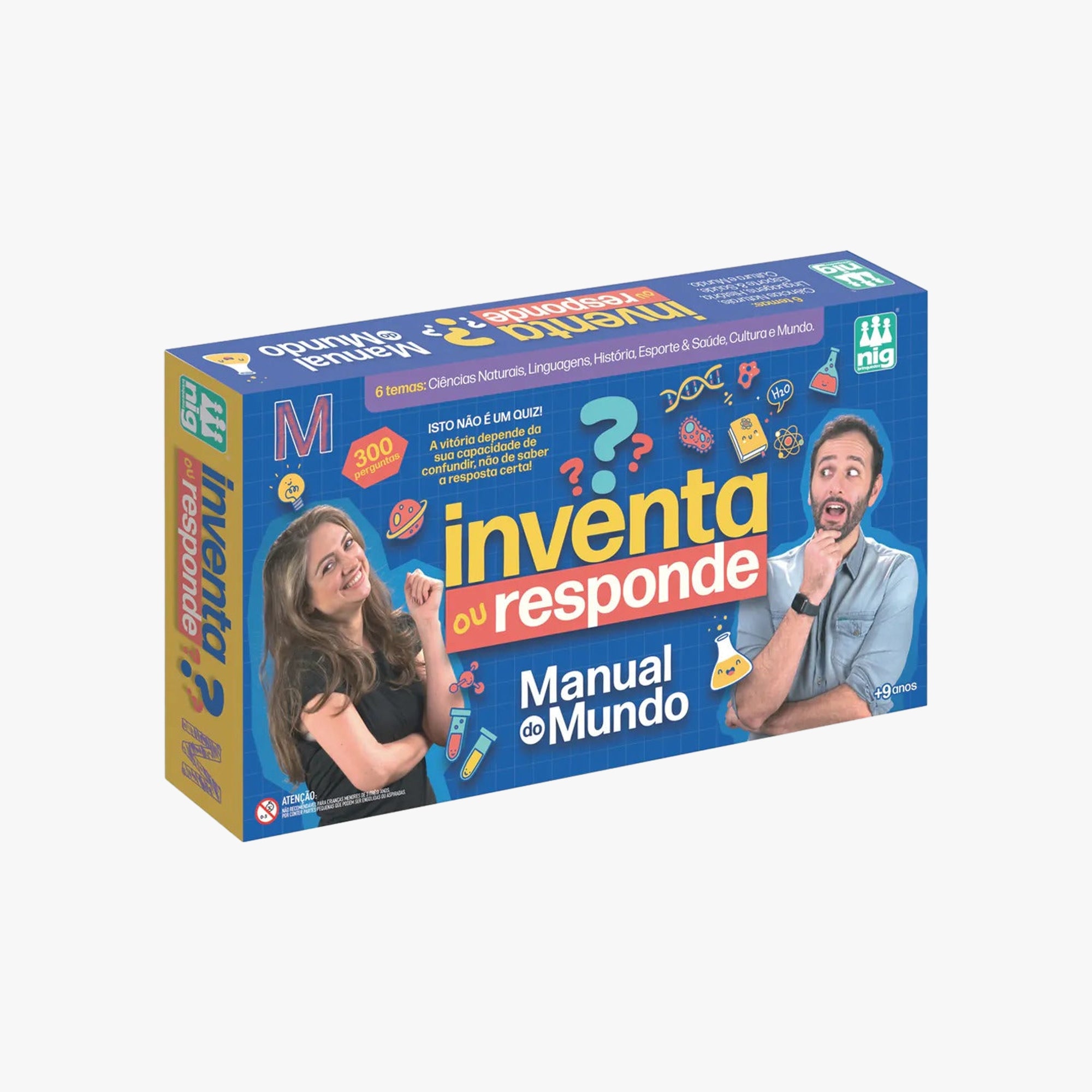 Caixa frontal do jogo Inventa ou Responde com branding Manual do Mundo e Nig Brinquedos