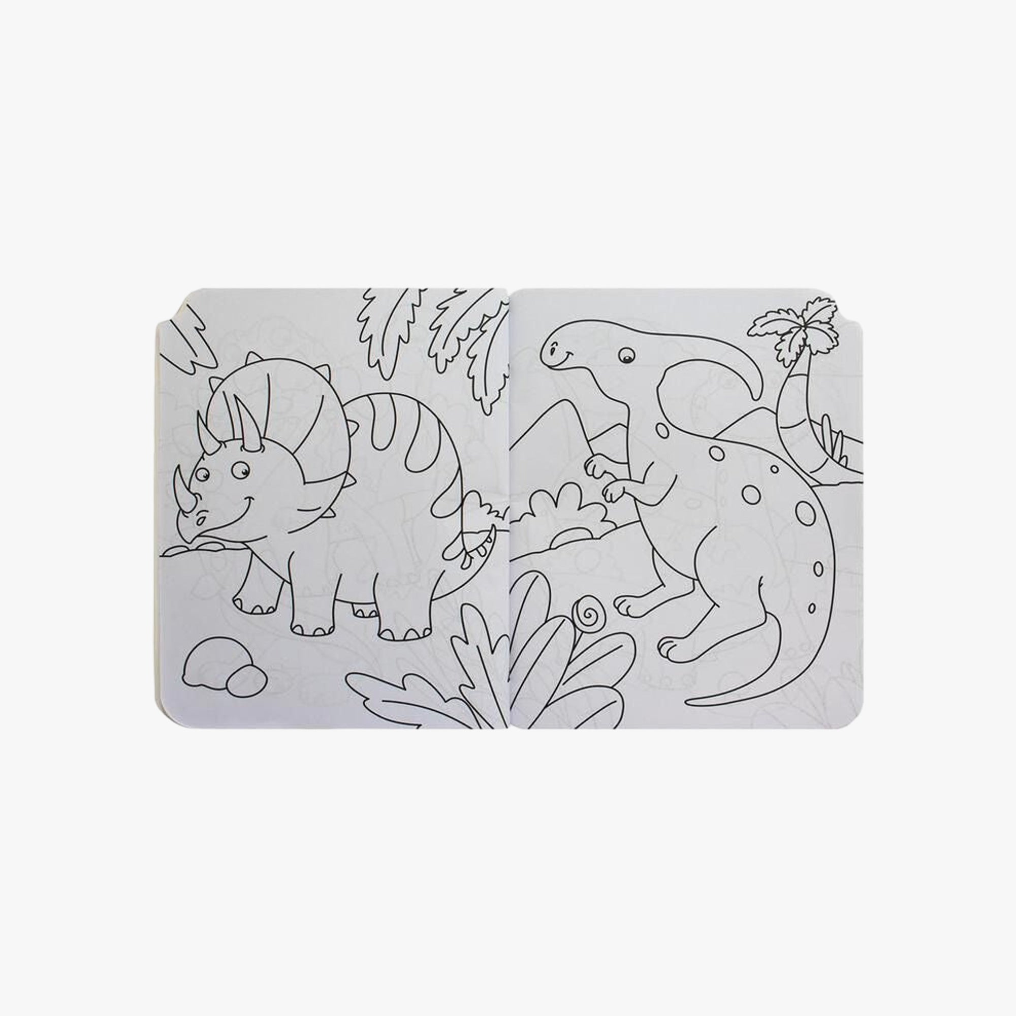 Páginas internas do livro mostrando ilustrações de dinossauros para colorir
