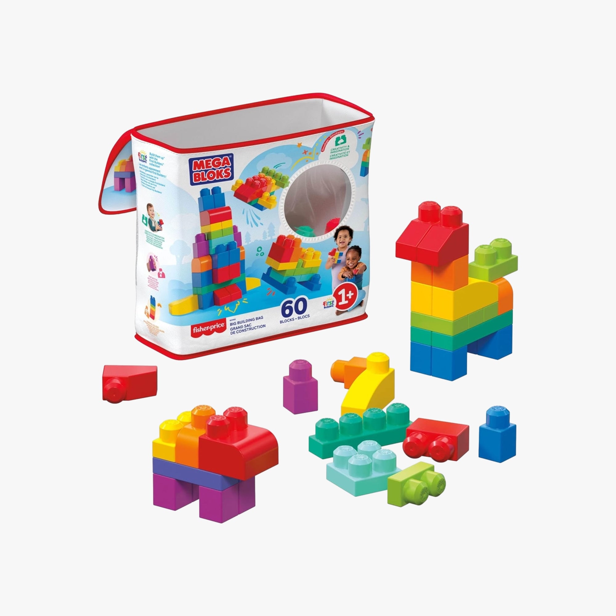 Criança empilhando blocos grandes coloridos do conjunto Mega Bloks First Builders