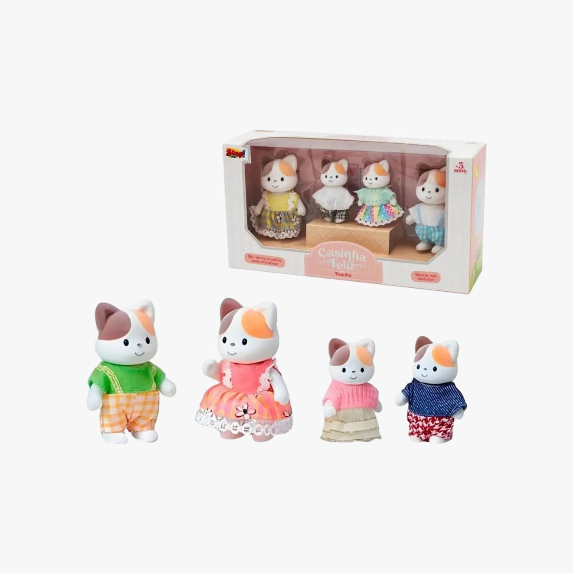 Conjunto completo da família de gatinhos posicionado junto, exibindo os 4 personagens