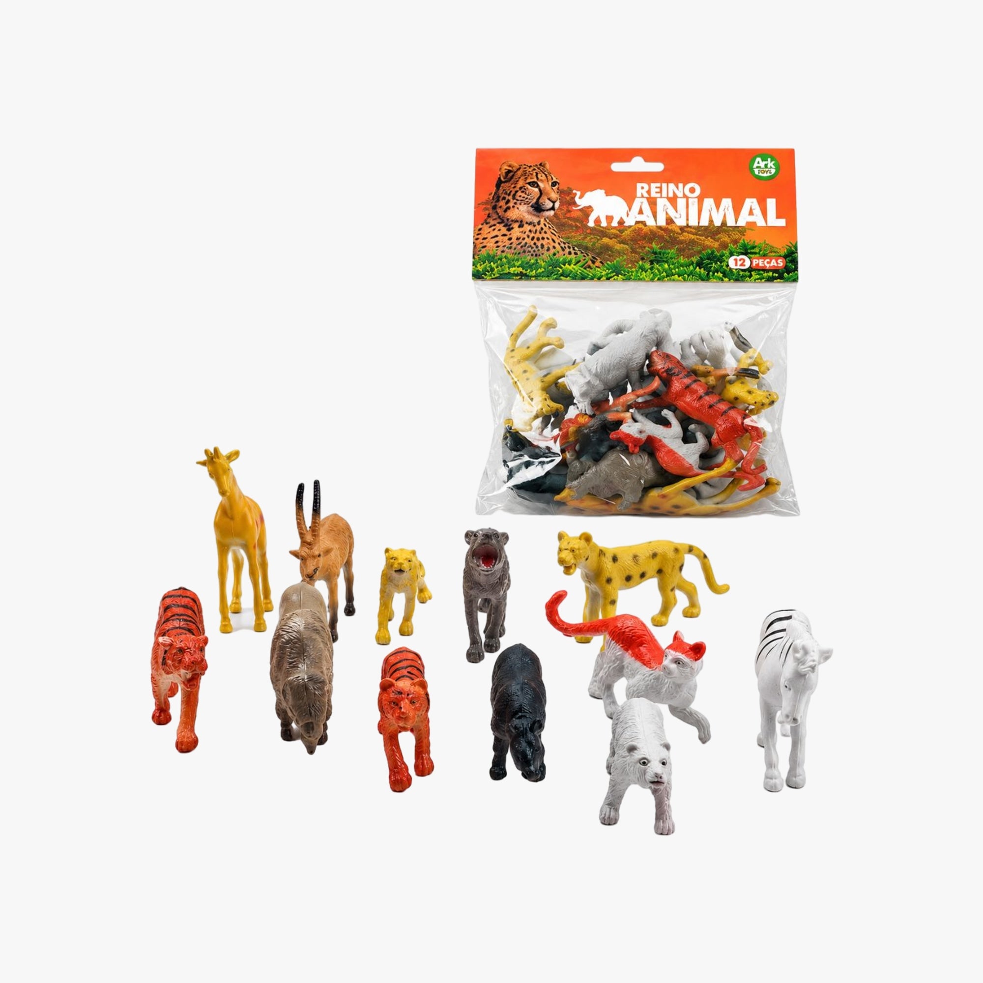 Kit Reino Animal com 12 Animais de Plástico
