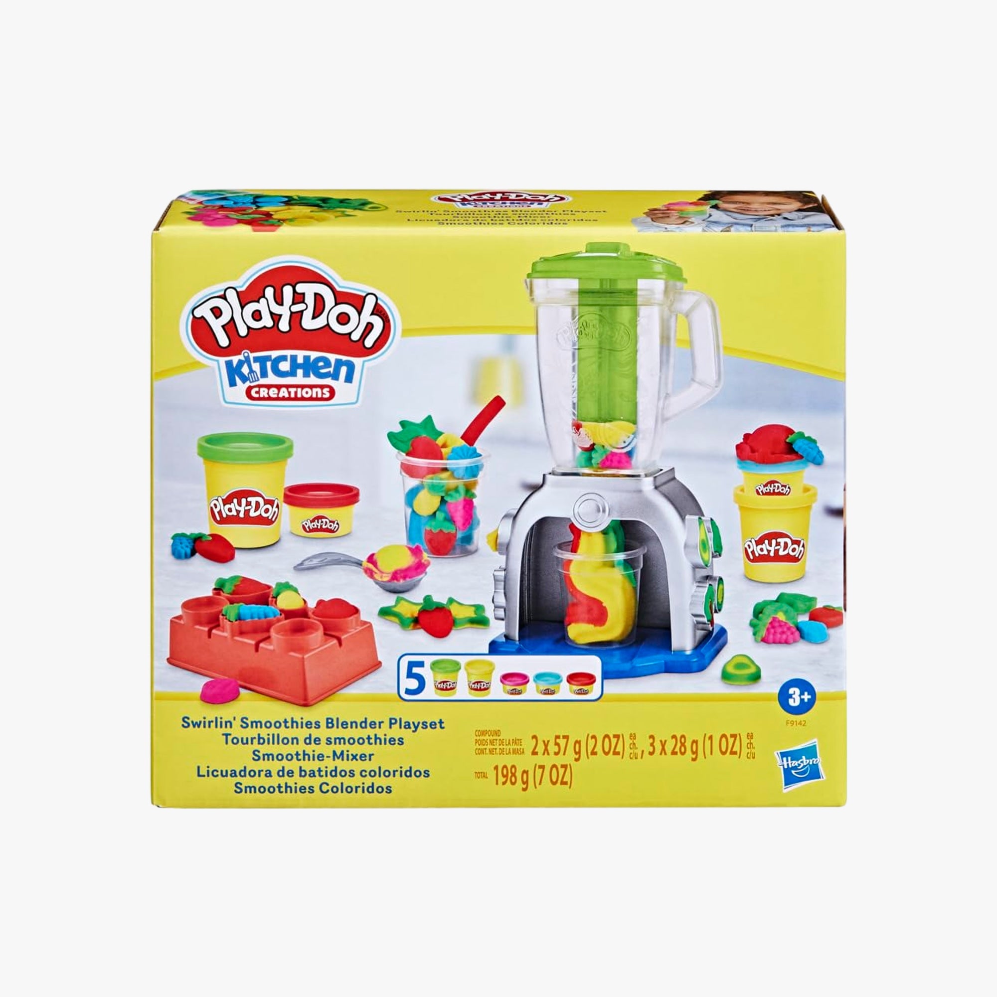 Liquidificador de brinquedo Play-Doh com massinha colorida representando frutas