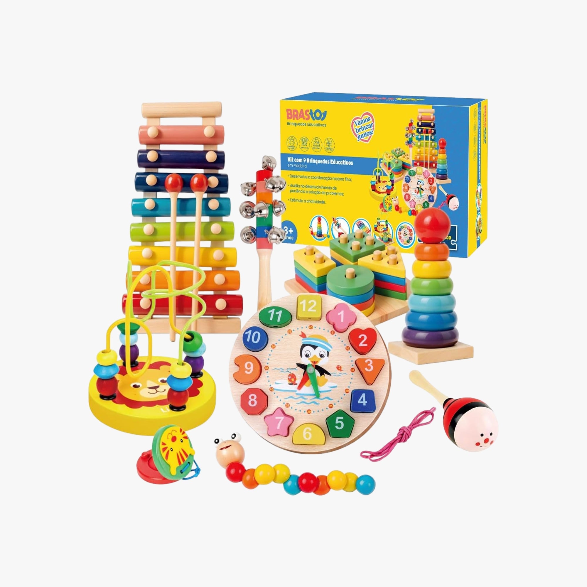 Percussão Instrumentos Musical Set de Madeira Montessori Brinquedos STEM Educativo Infantil (9 em 1)