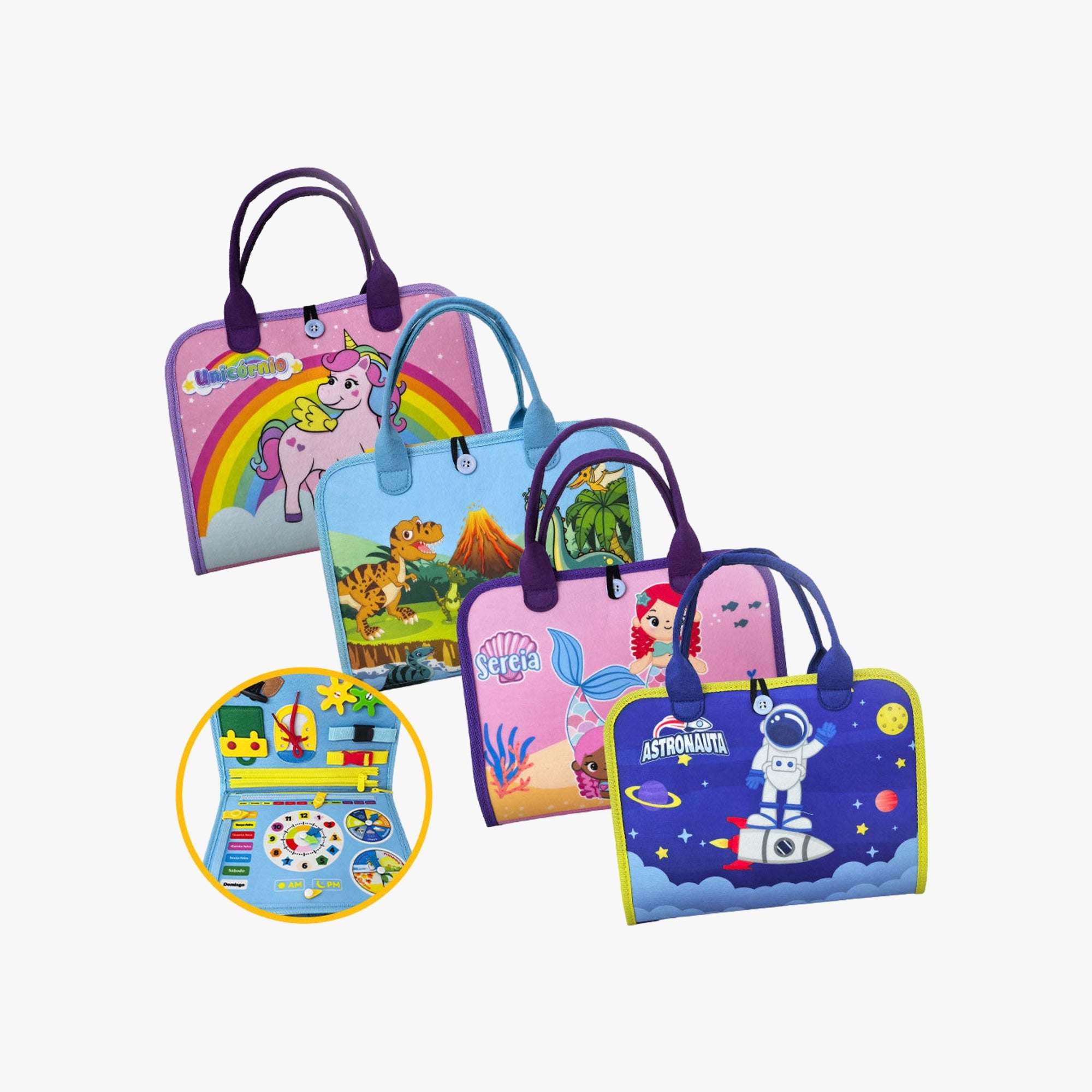 Maleta de atividades Aprenda Brincando DM Toys fechada, vista frontal com alça