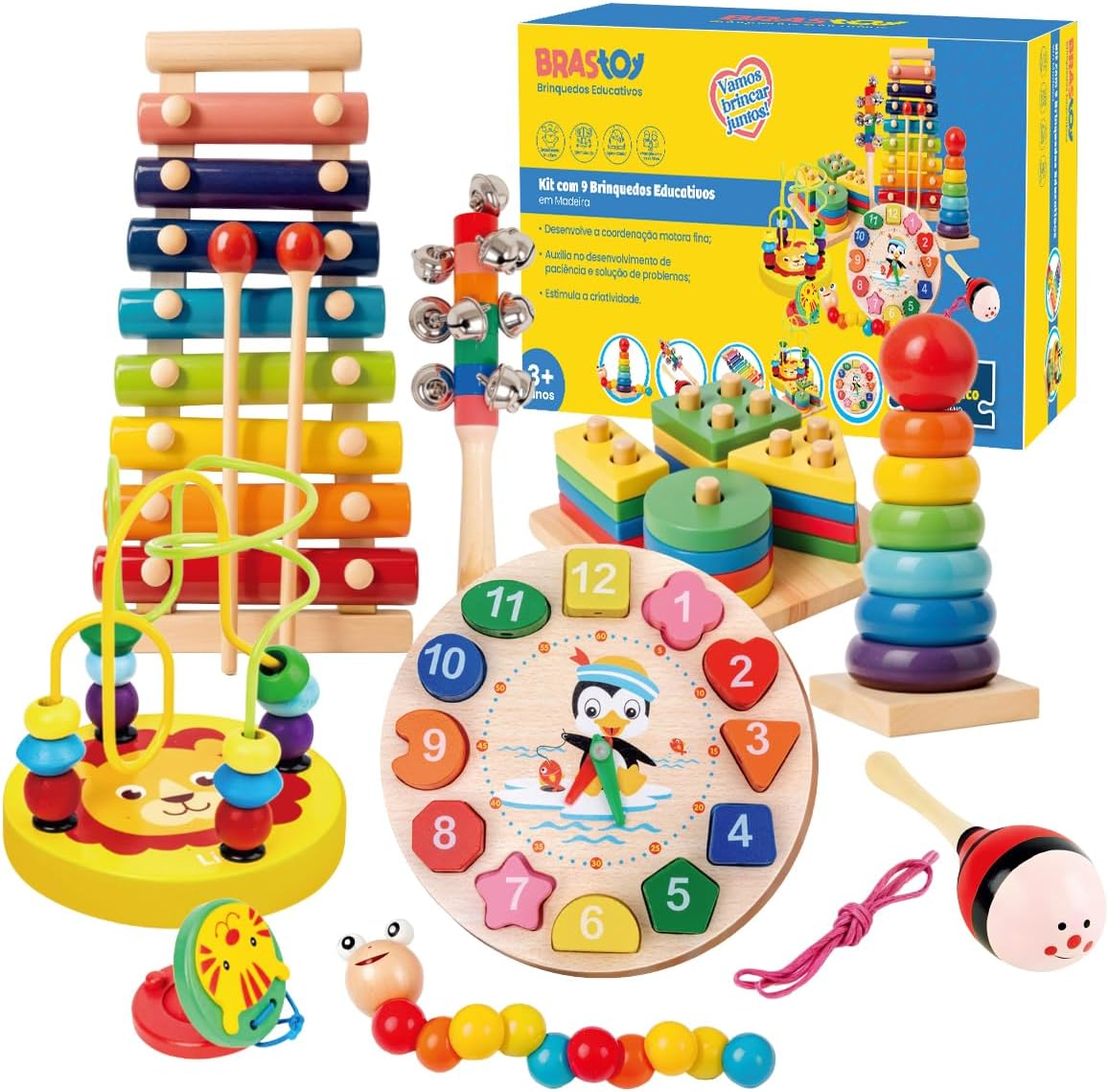 Percussão Instrumentos Musical Set de Madeira Montessori Brinquedos STEM Educativo Infantil (9 em 1)