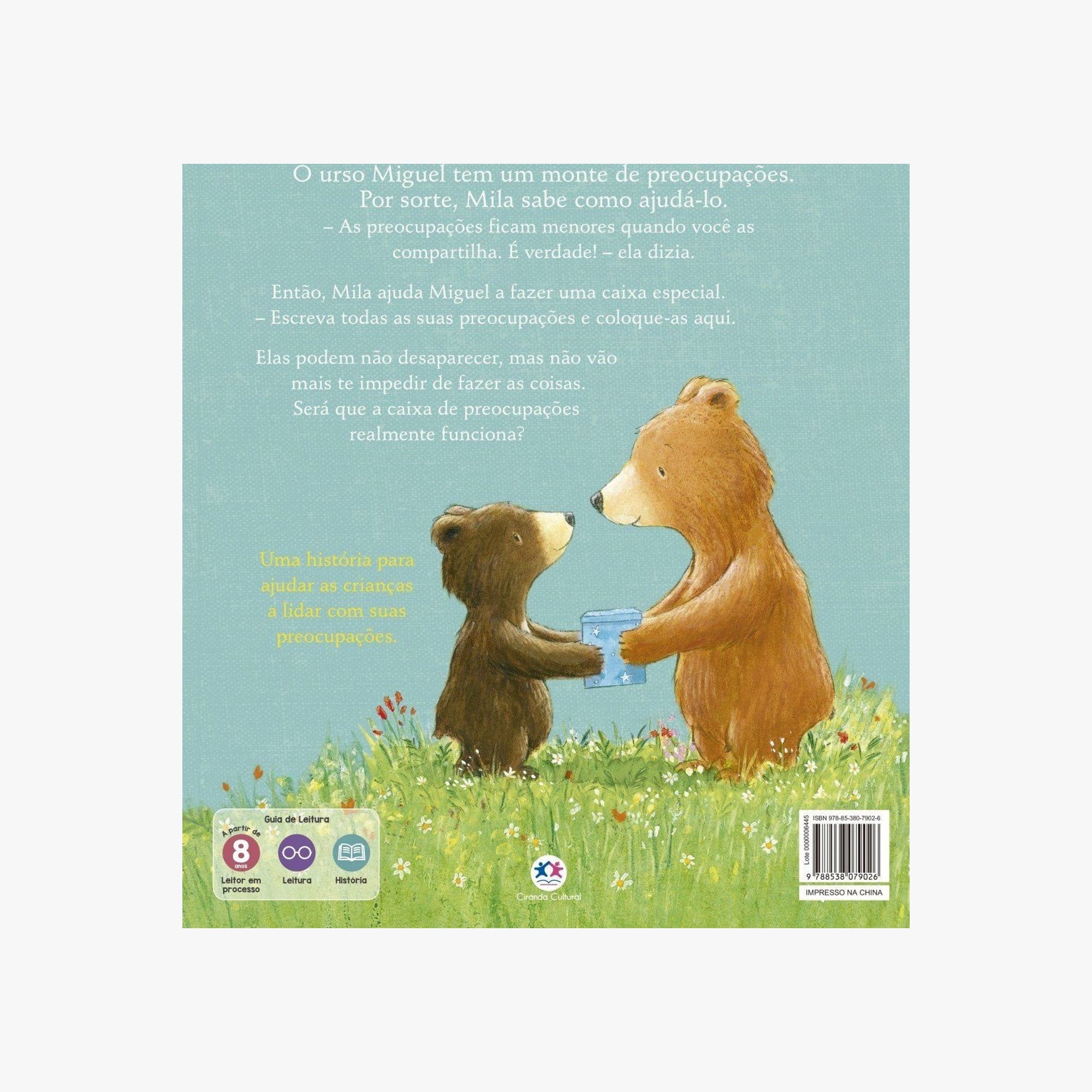 Páginas internas do livro A Caixa de Preocupações mostrando ilustrações coloridas da história