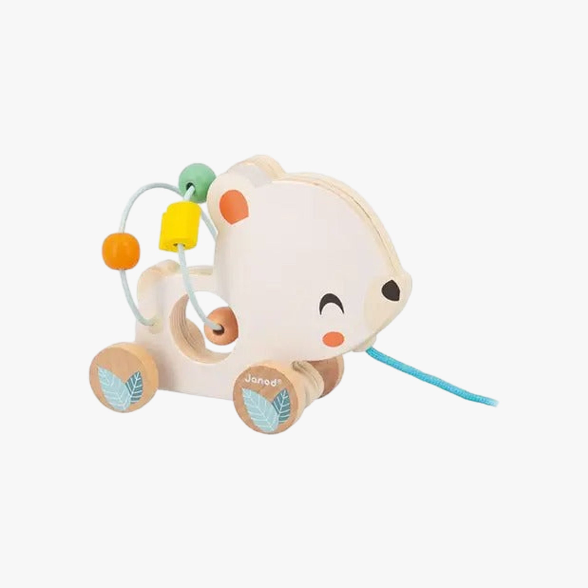 Brinquedo aramado urso em madeira colorida com cordão, indicado para bebês a partir de 12 meses